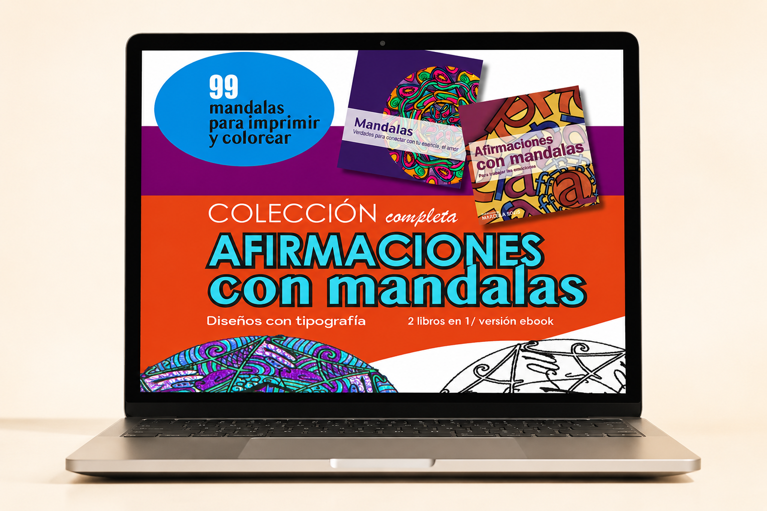 Colección 99 pensamientos en círculo mostrada en una computadora portátil