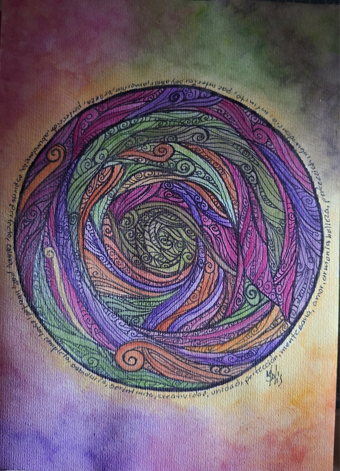 Obra original en espiral con frase manuscrita y tonos cálidos