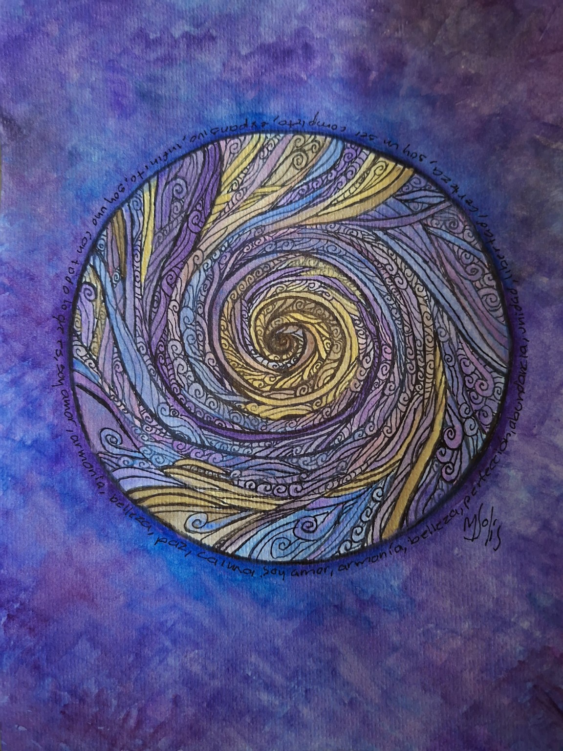 Obra original en espiral con tonos violeta, azul y dorado